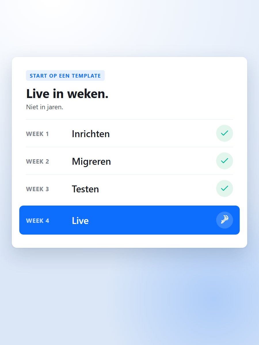 Live in weken: week 1 inrichten, week 2 migreren, week 3 testen, week 4 live